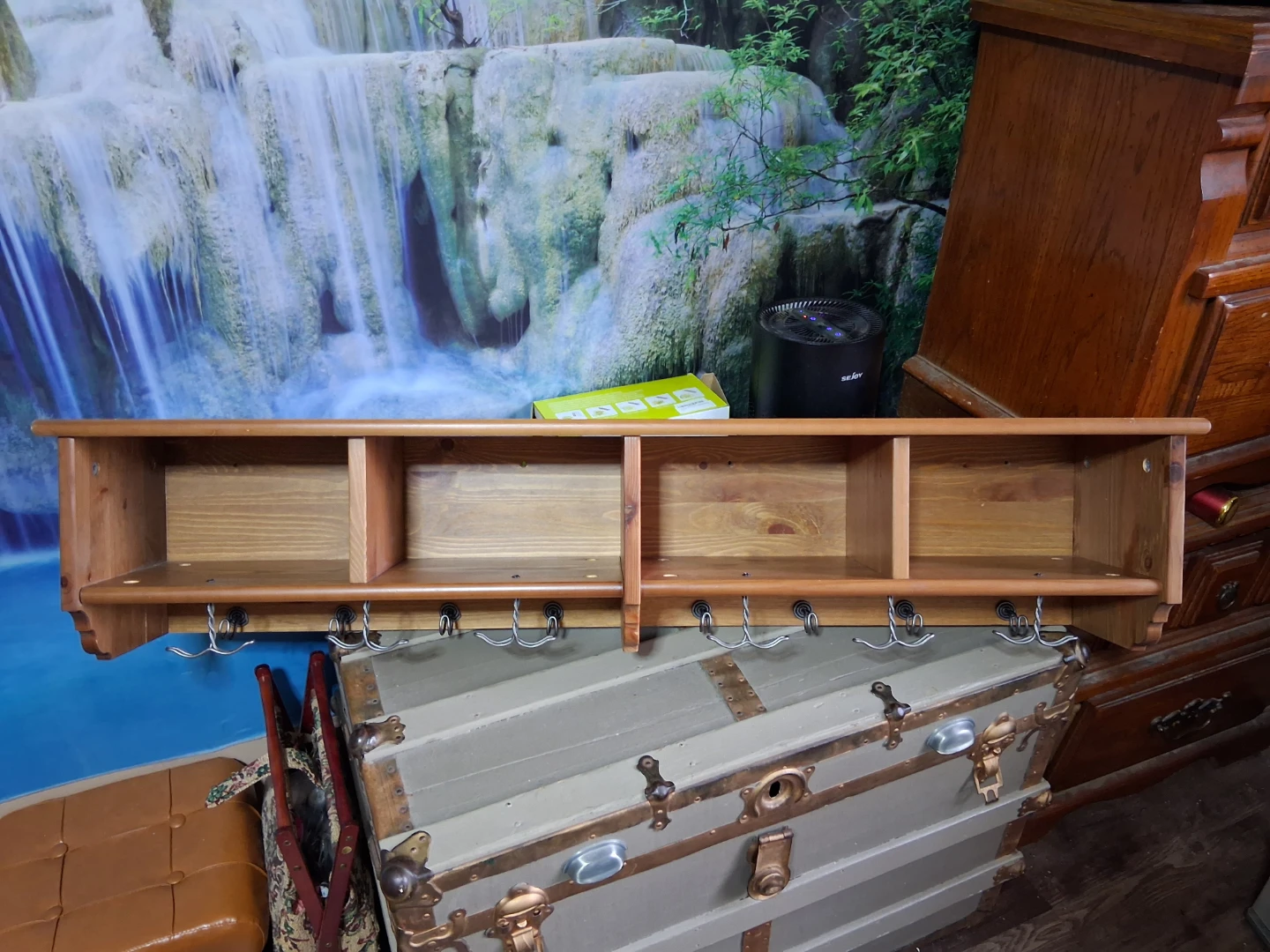 IKEA LEKSVIK wooden wall shelf with hooks