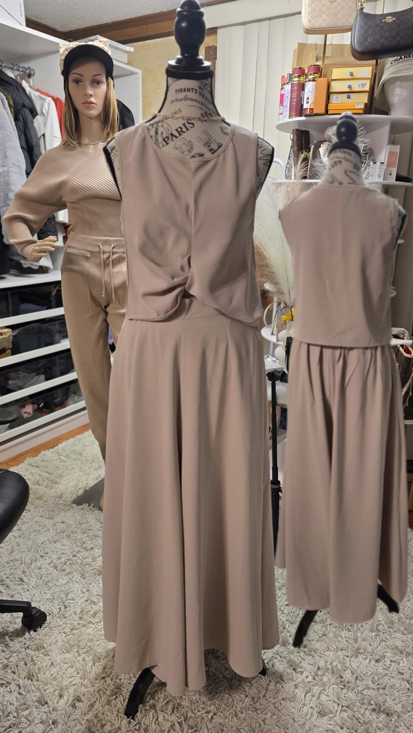 Women's Beige Twist Front Maxi Dress Set