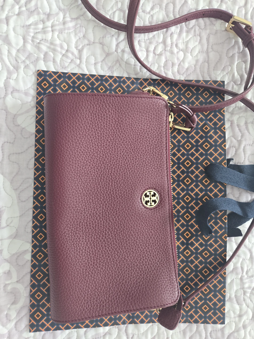 Tory Burch Burgundy Pebble Leather Crossbody Wallet