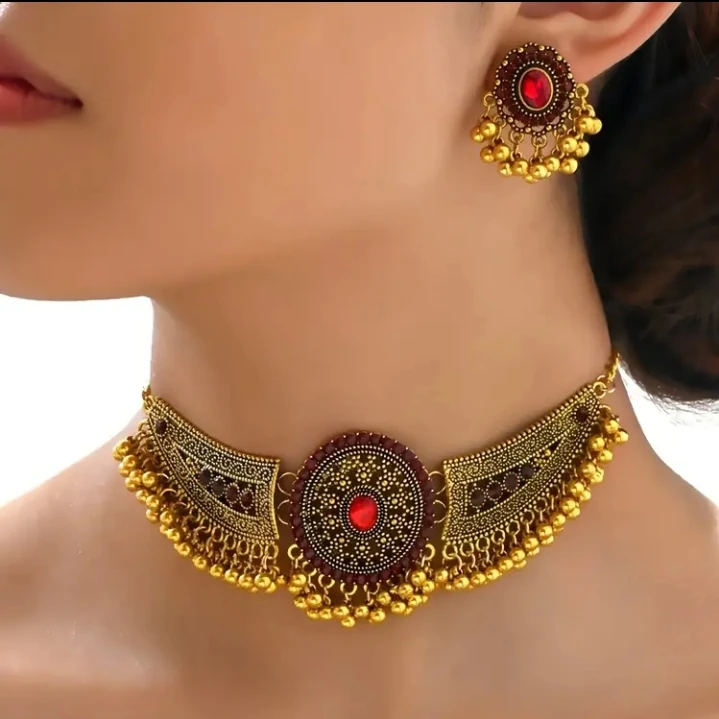 (BRAND NEW) Choker Necklace and Earring Set with Red Stones