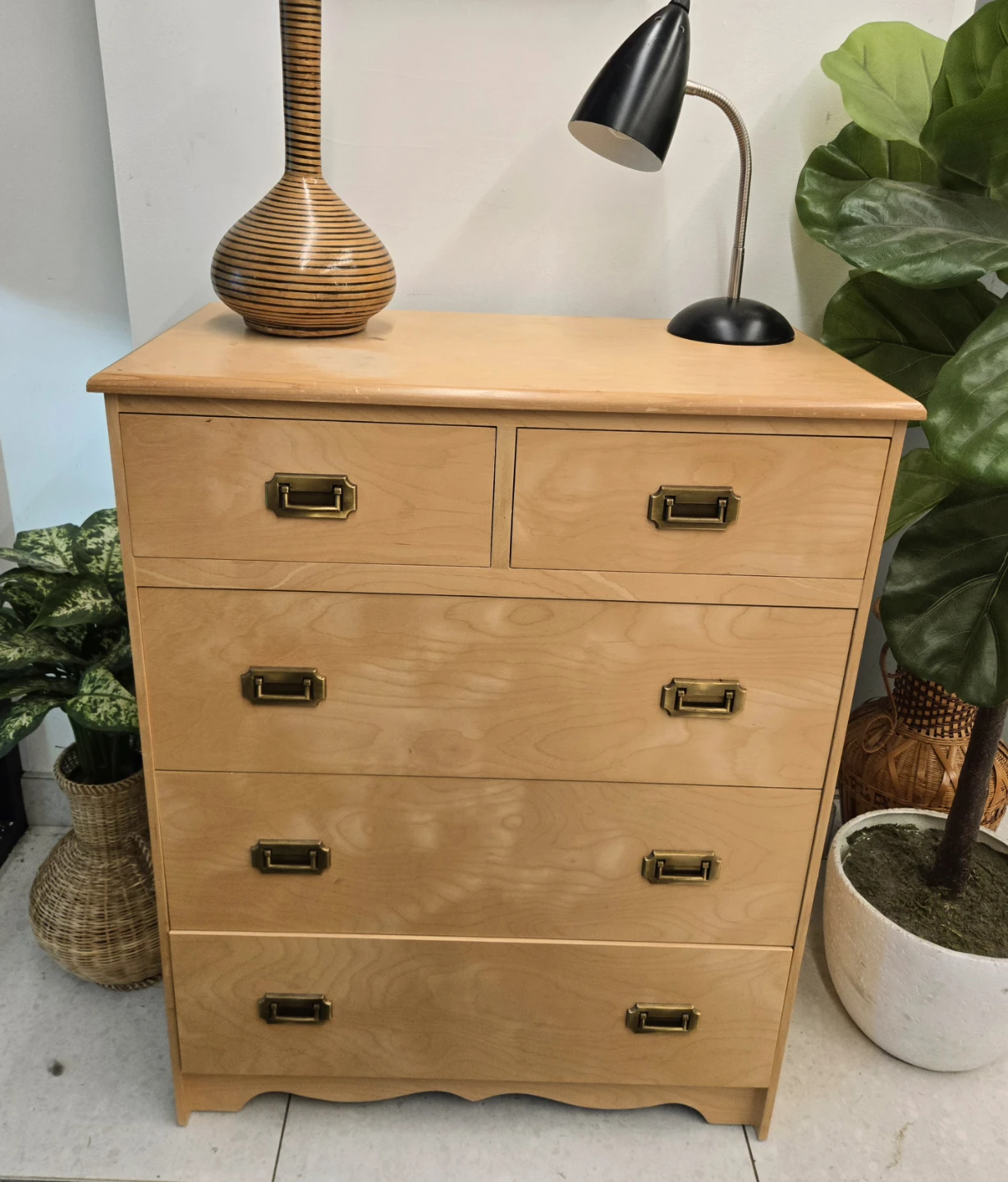 Vintage 5 Drawer Tallboy Dresser With Brass Pull Handles - photo 3