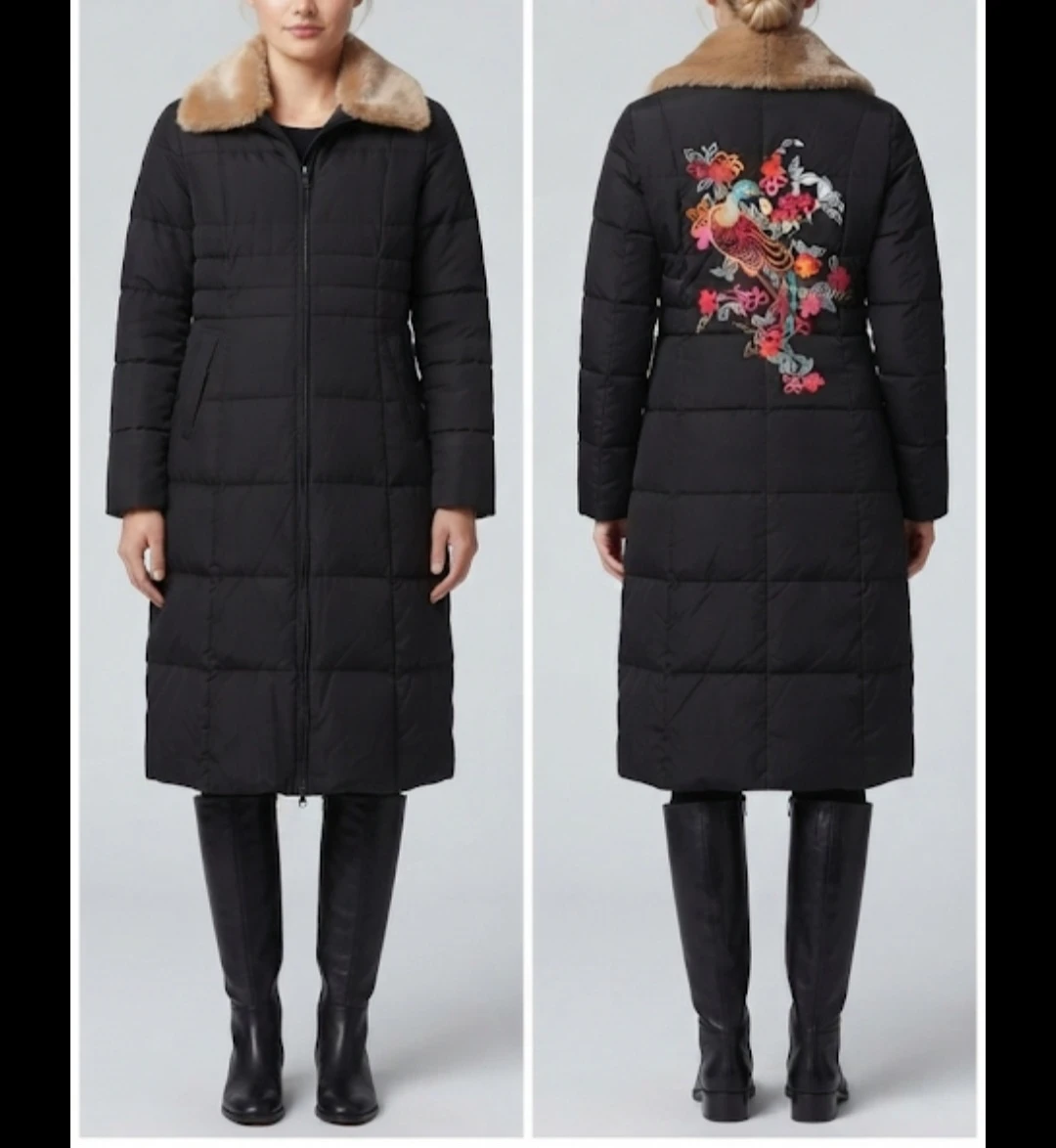 Women's real down Black Puffer Coat with Embroidery