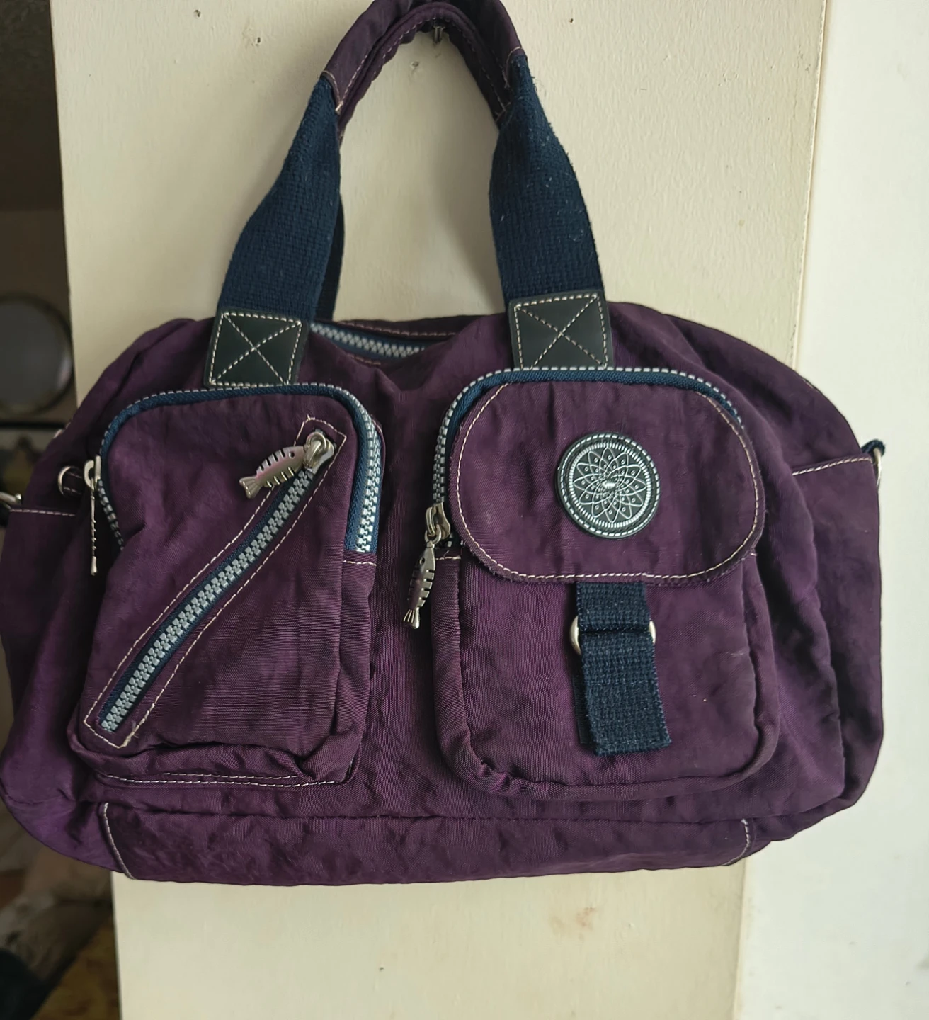 Purple Crossbody Shoulder Bag with Fish Zipper Pulls