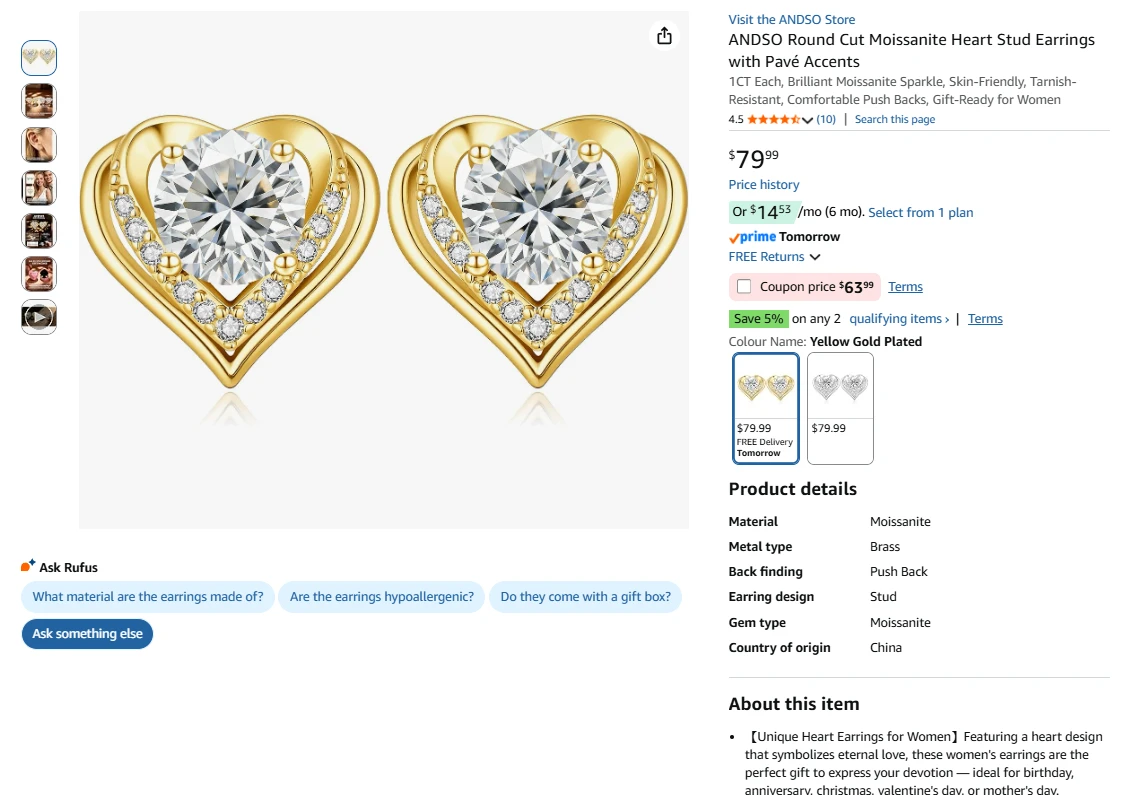 ANDSO Moissanite Heart Stud Earrings - photo 2