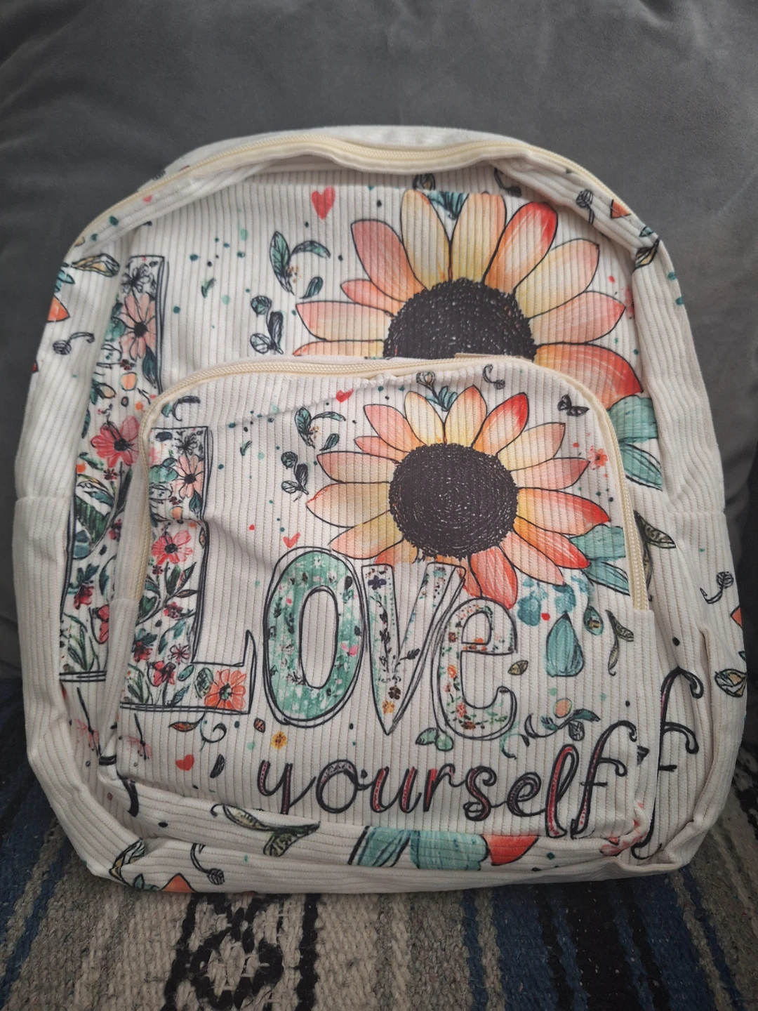 White Backpack with "Love Yourself" Sunflower Design