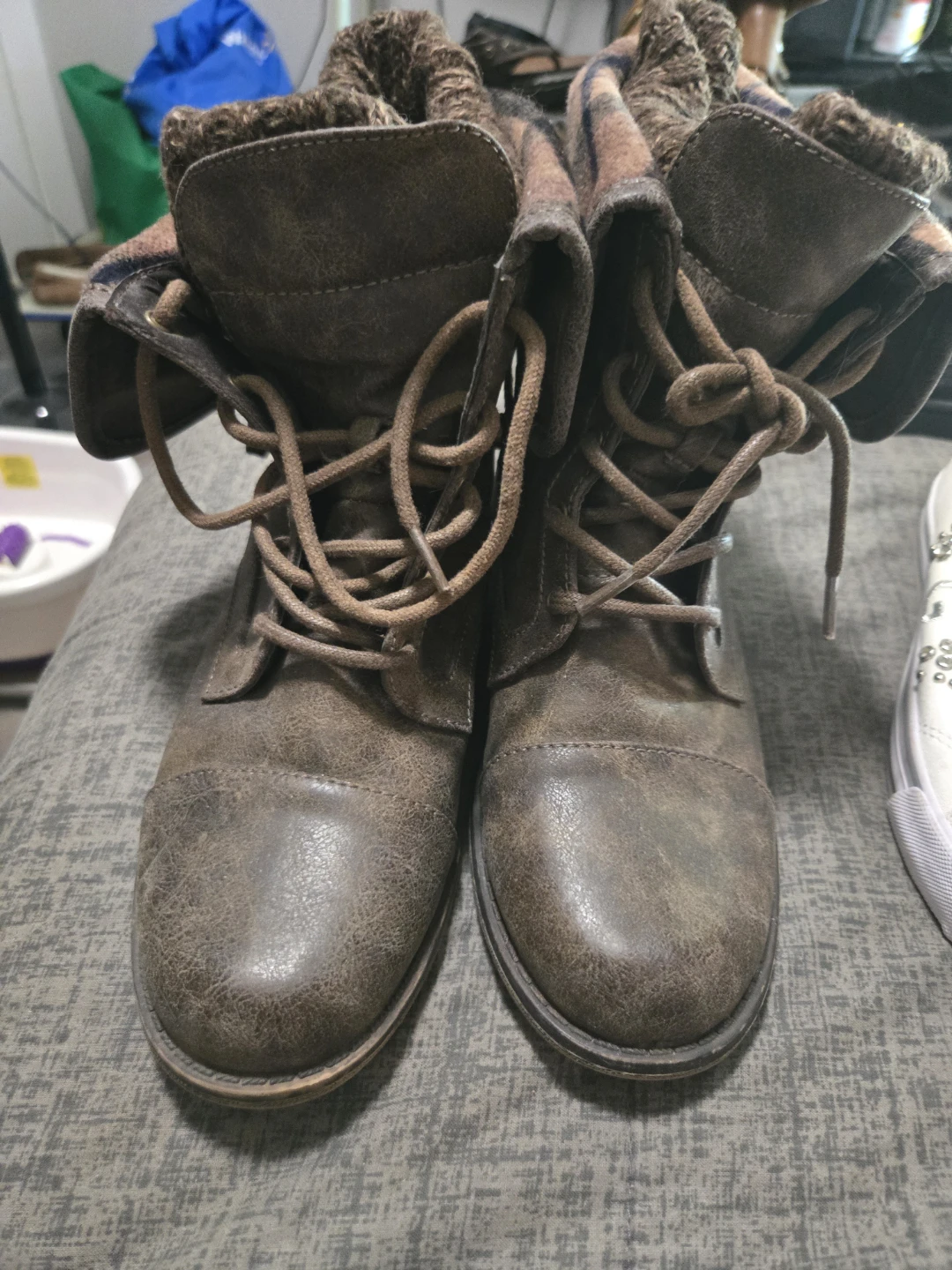 Brown Faux Leather Lace-Up Boots with Fold-Down Collar - photo 4