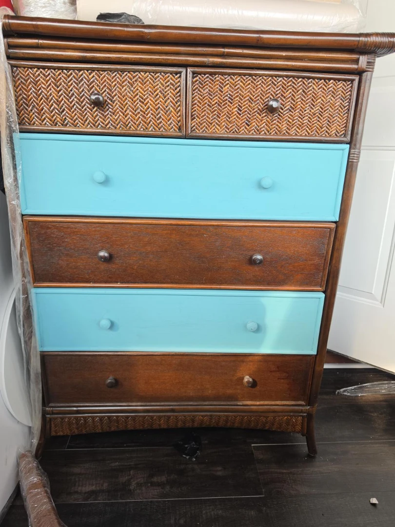 Wicker and Wood Dresser with Blue Drawers