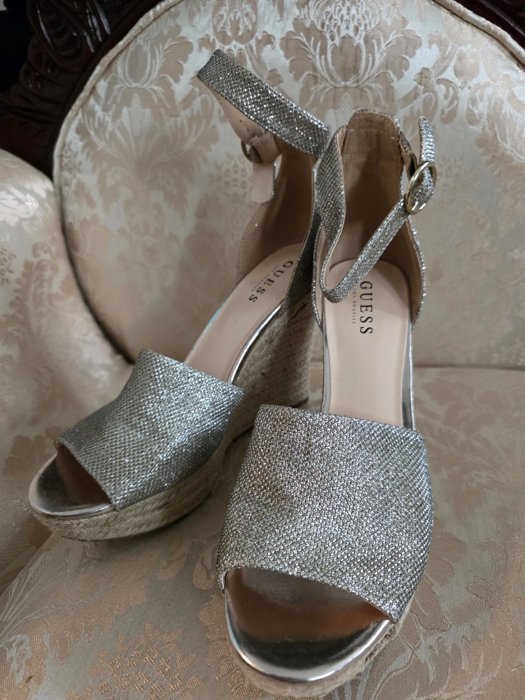 Guess Silver Glitter Wedge Espadrille Sandals