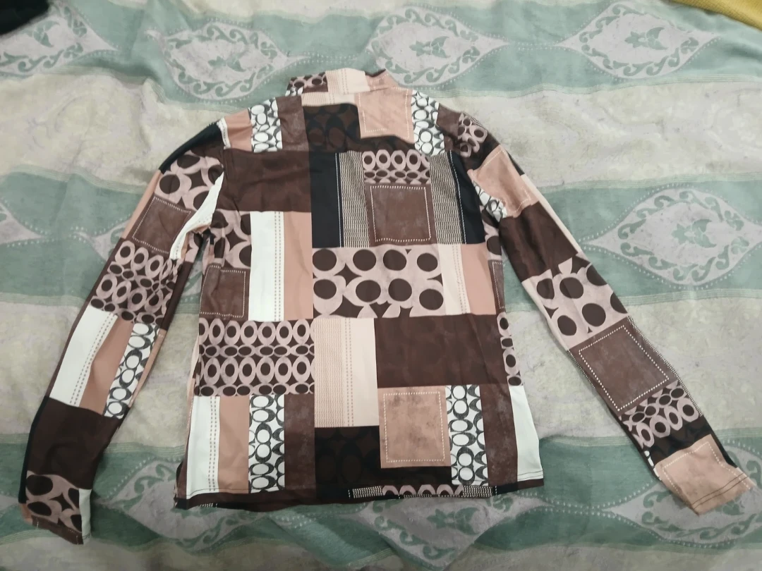 Brown Patchwork Mock Neck Long Sleeve Shirt - photo 2