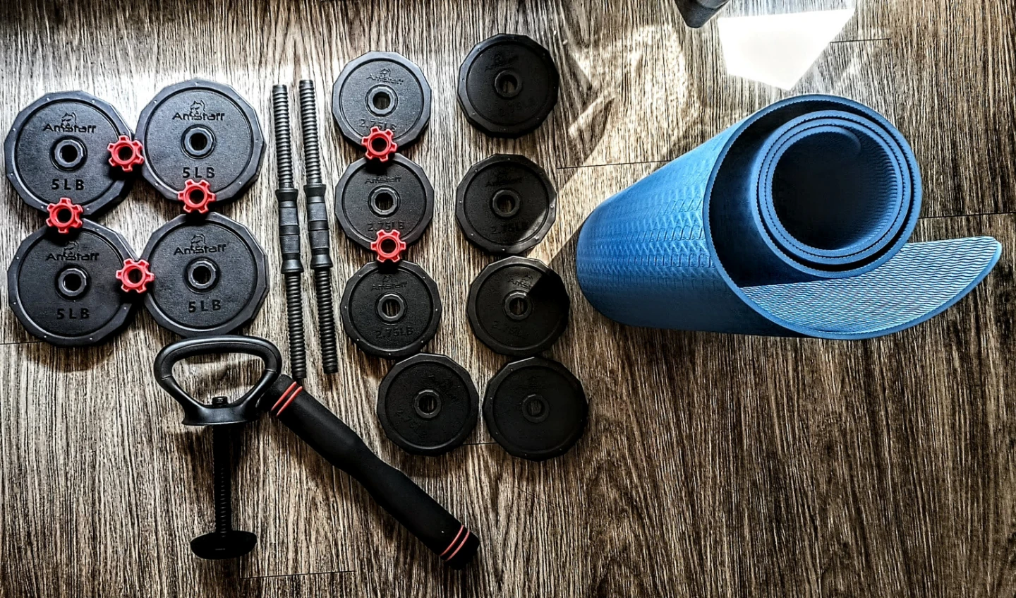 AmStaff Adjustable Dumbbell and Kettlebell Set with Yoga Mat