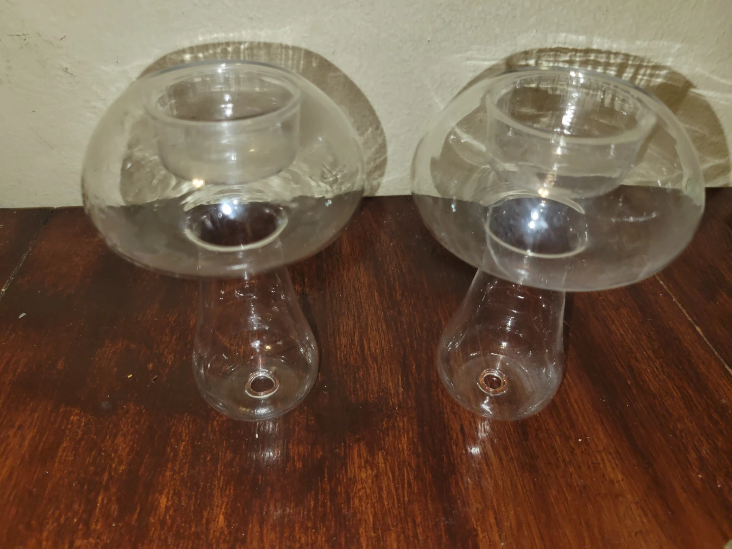 2x Glass Mushroom Candle Holders