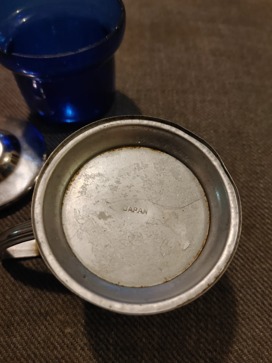 Vintage Blue Glass and Metal Mustard Holder Japan - photo 4