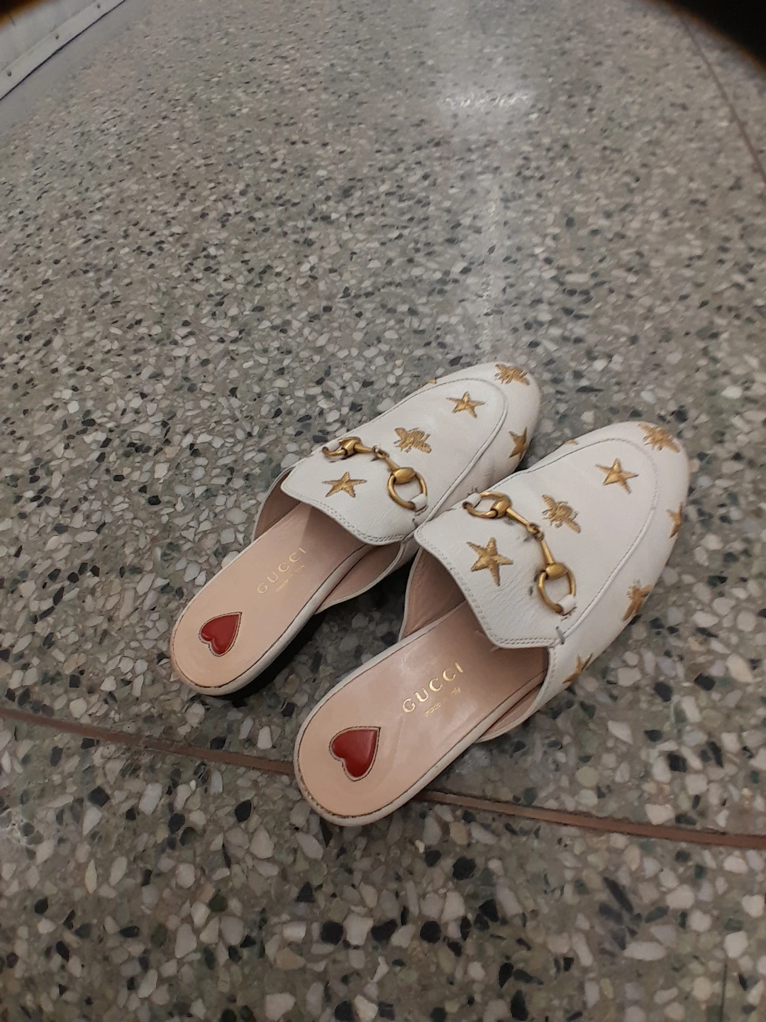 Gucci White Leather Mules with Stars and Bees Women's Size  6