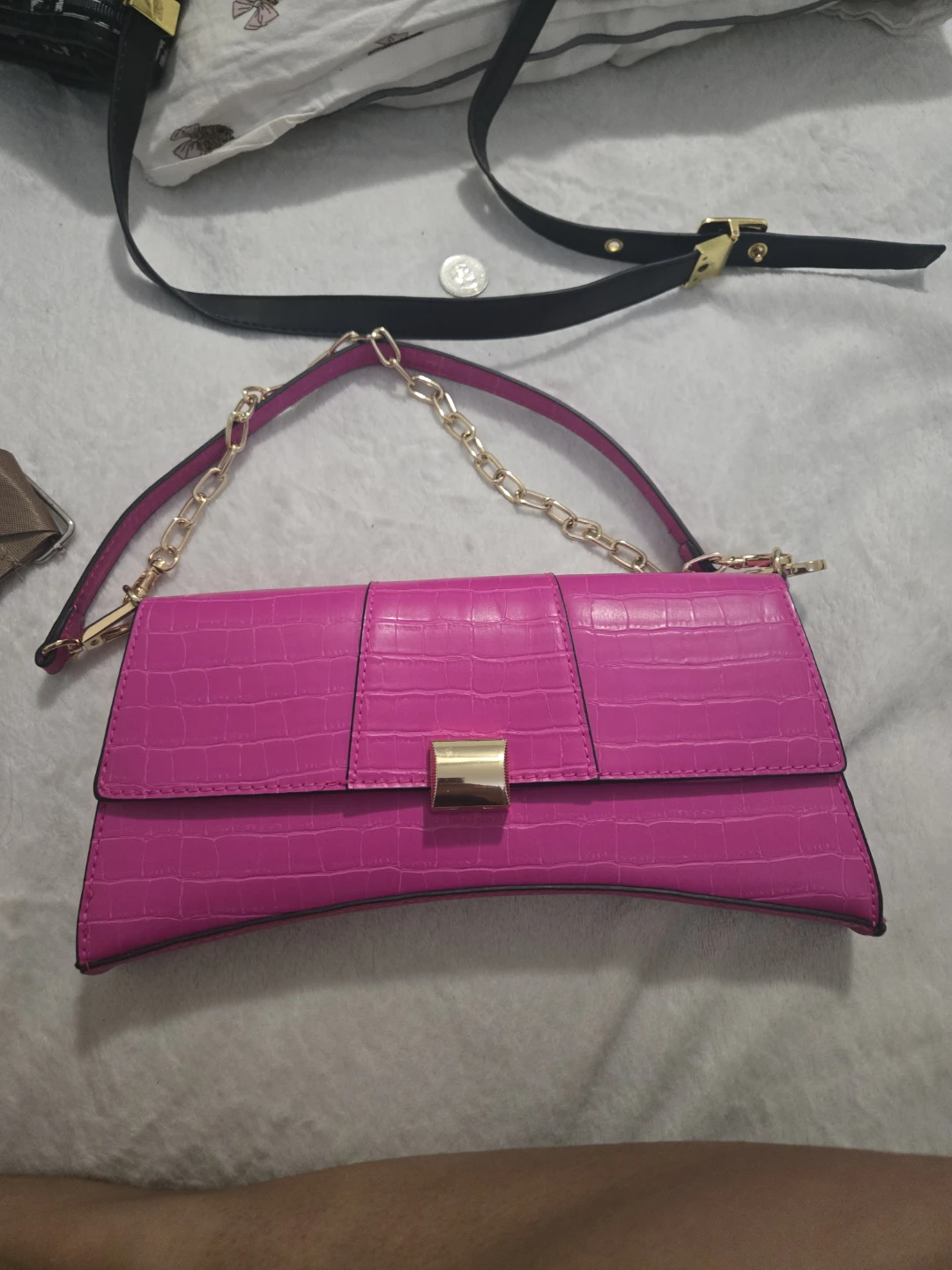 Hot Pink Croc Embossed Shoulder Bag with Gold Chain - photo 2