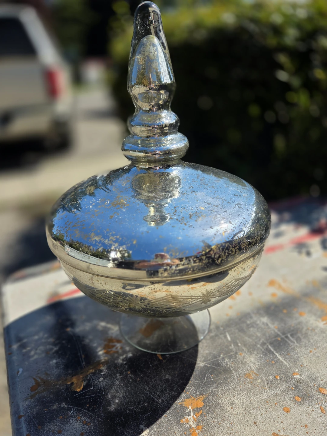Vintage Mercury Glass Footed Dish with Lid