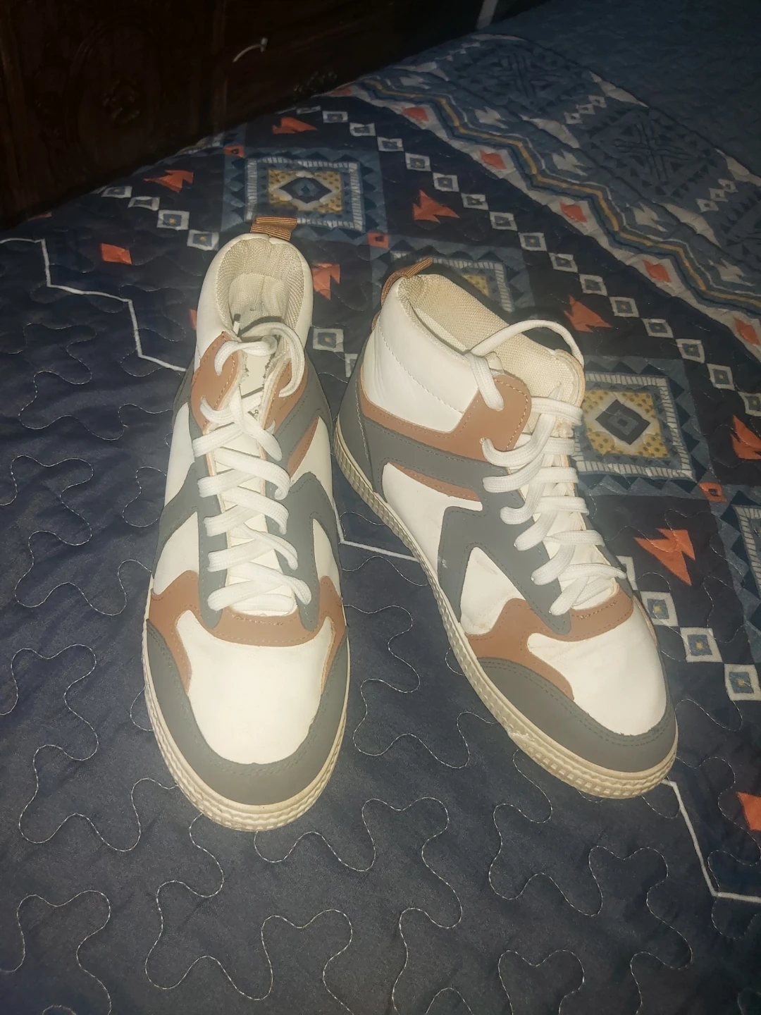 White, Brown, and Grey High-Top Sneakers