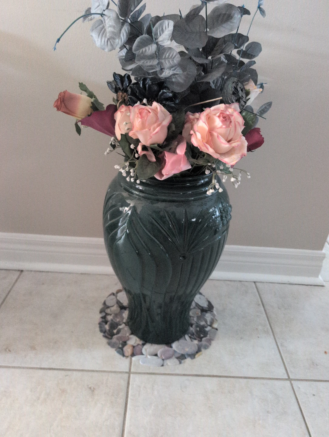 Dark Green Ceramic Vase with Faux Flowers