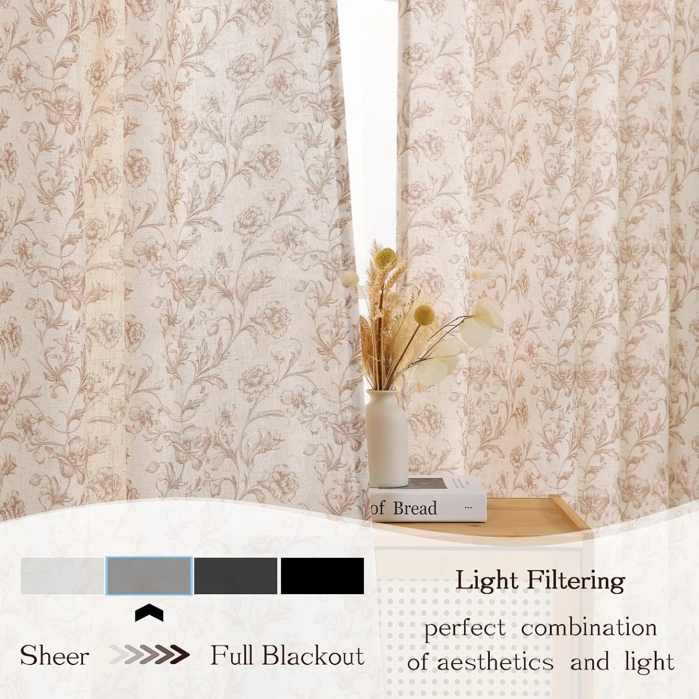 Taupe Floral Linen Curtains - 2 Panels - photo 4