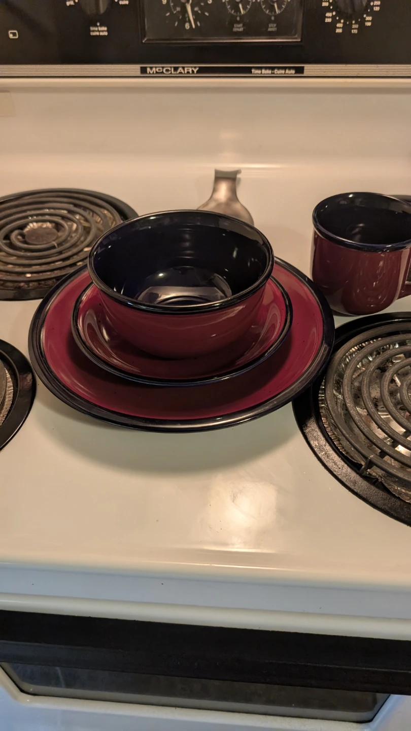 Red and Blue Dinnerware Set with Mugs