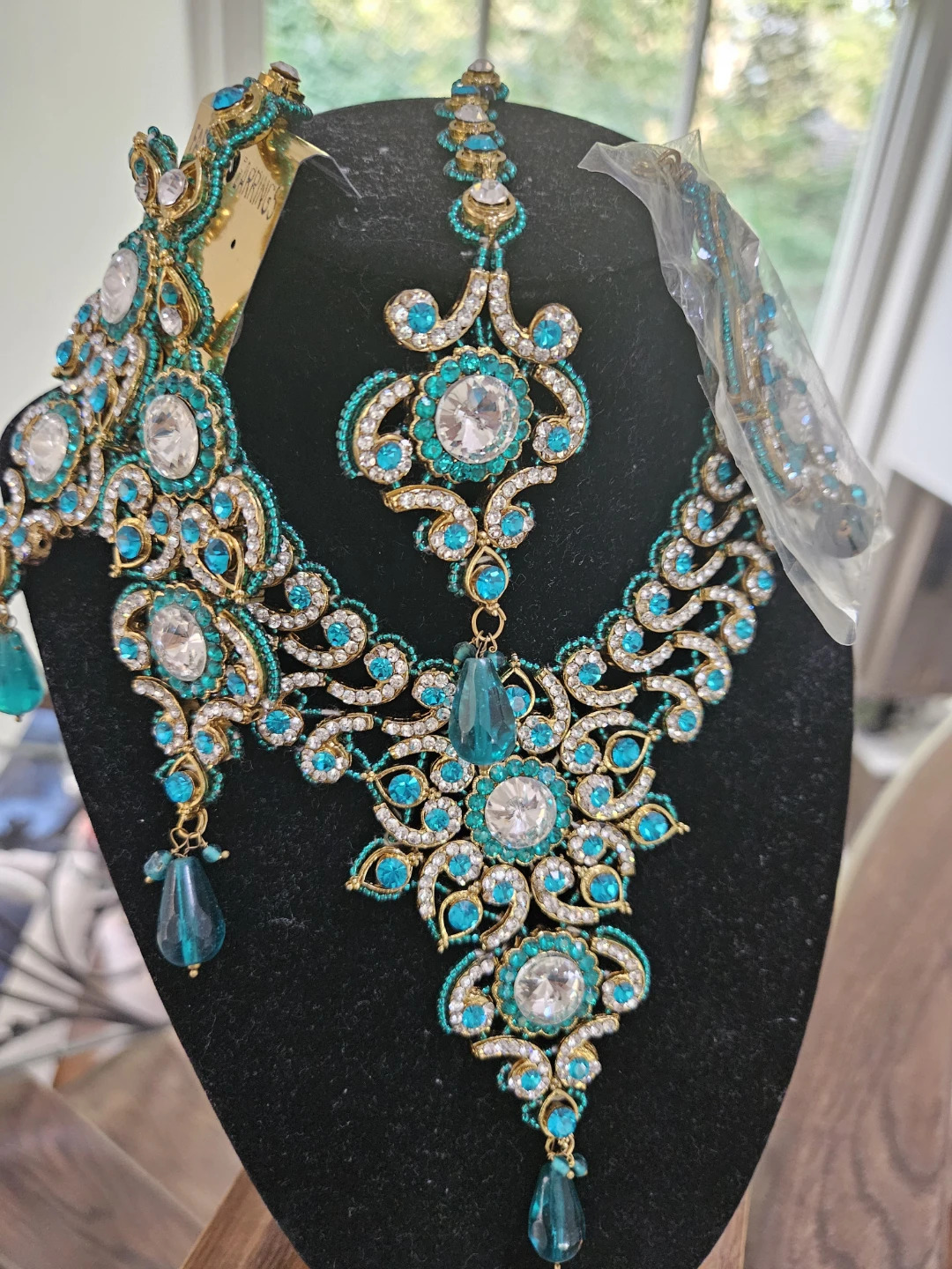 Teal and Gold Rhinestone Necklace and Earring Set