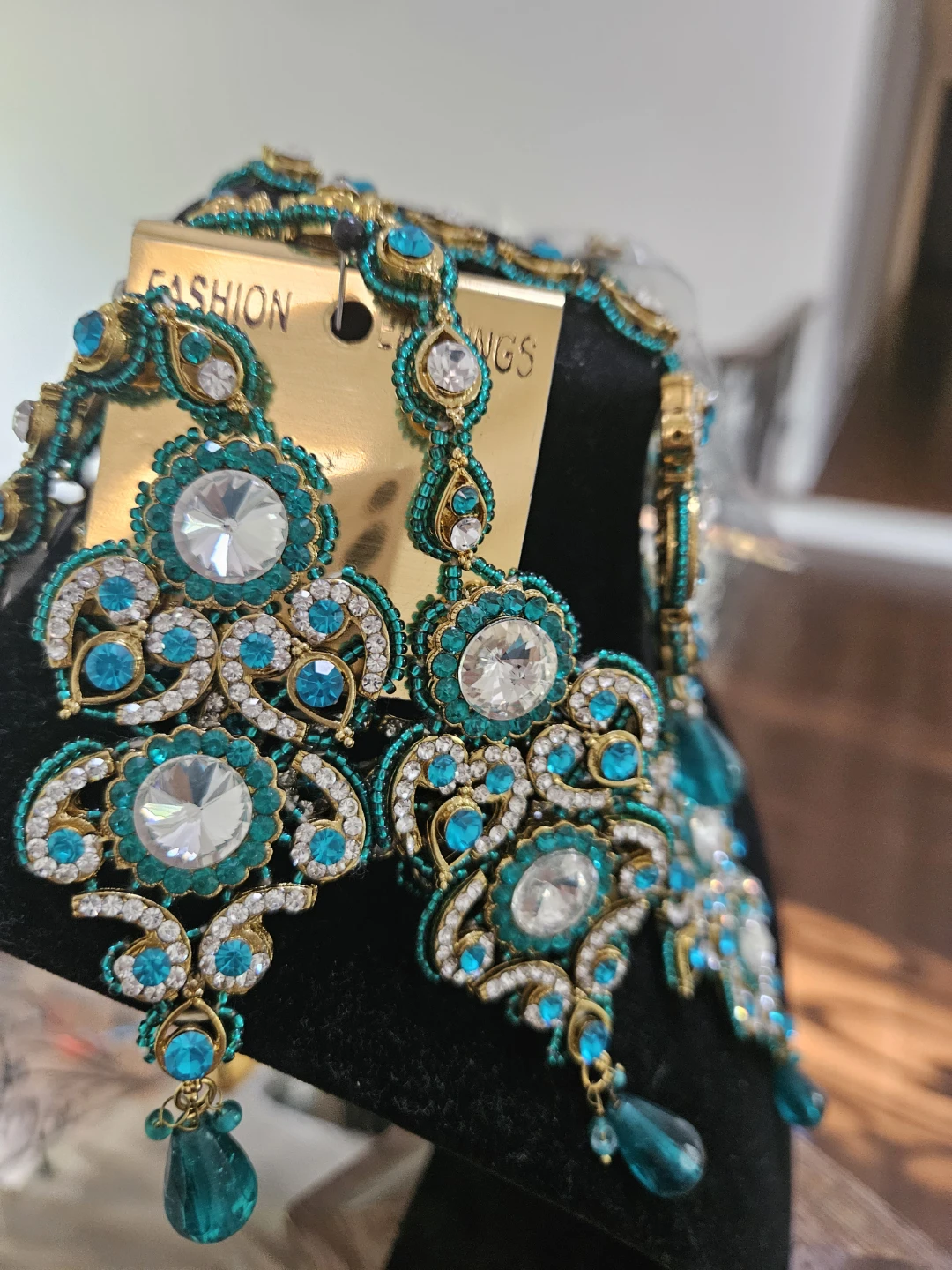 Teal and Gold Rhinestone Necklace and Earring Set - photo 2