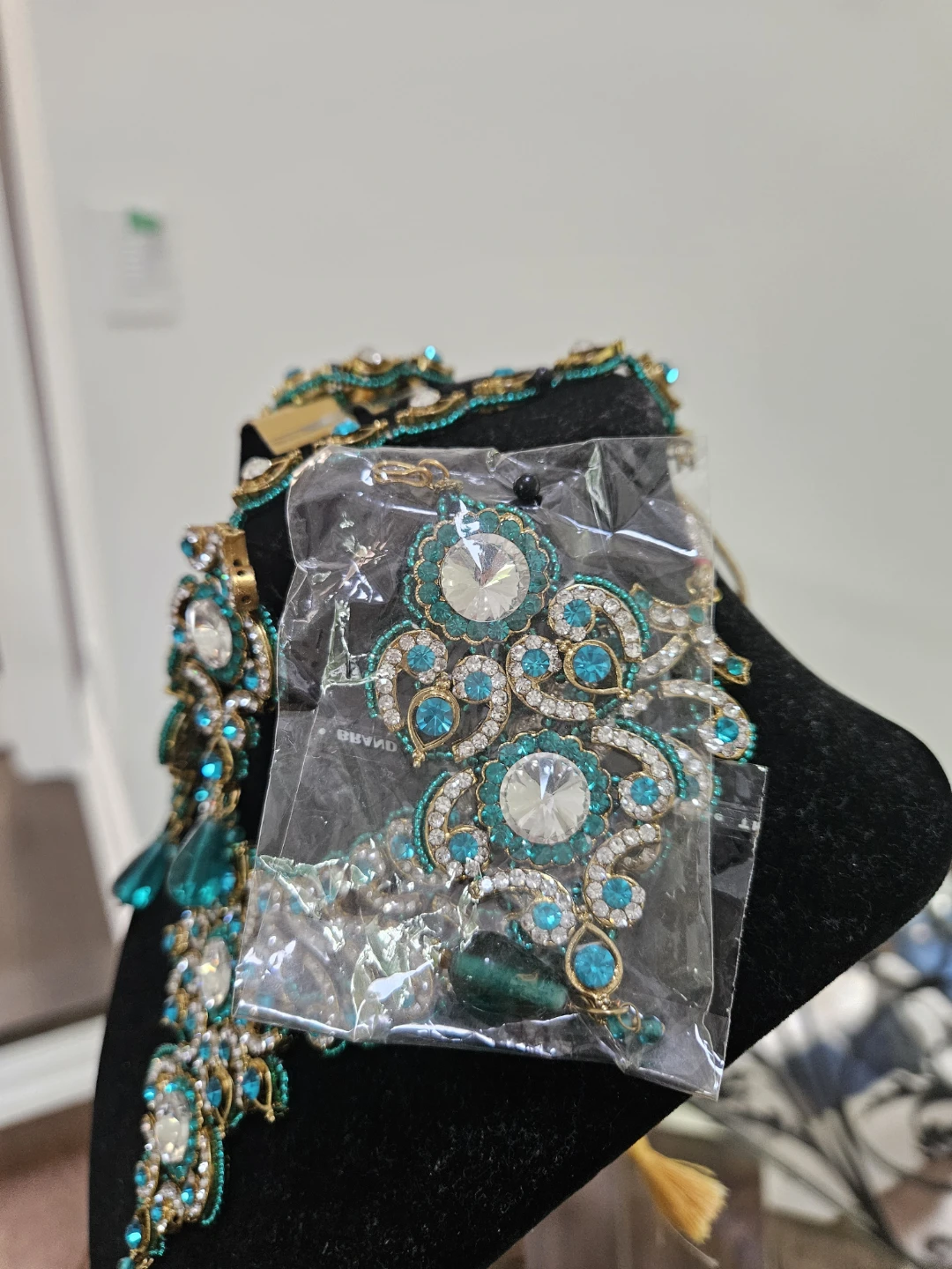 Teal and Gold Rhinestone Necklace and Earring Set - photo 3