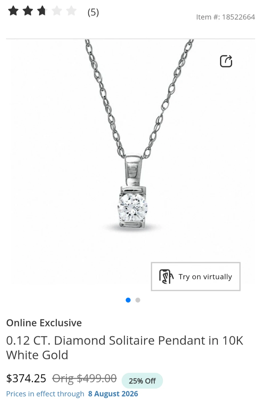 0.12 CT Diamond Solitaire Pendant 10K White Gold - photo 2