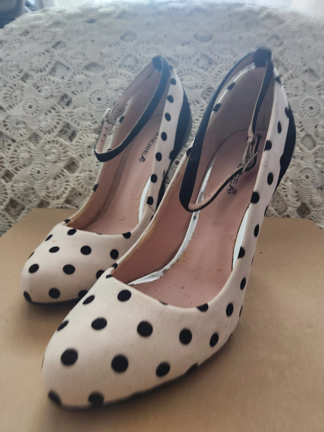 White Polka Dot Heels with Ankle Strap