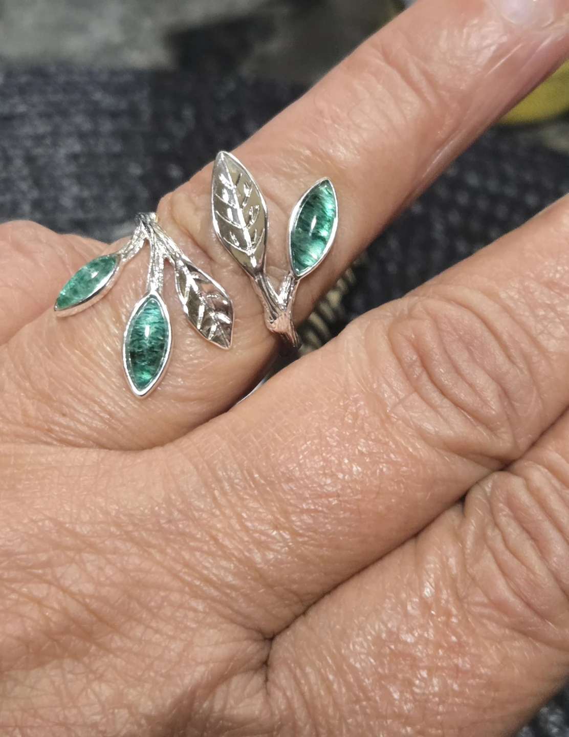 Sterling Silver Leaf Ring with Green Stones - photo 2