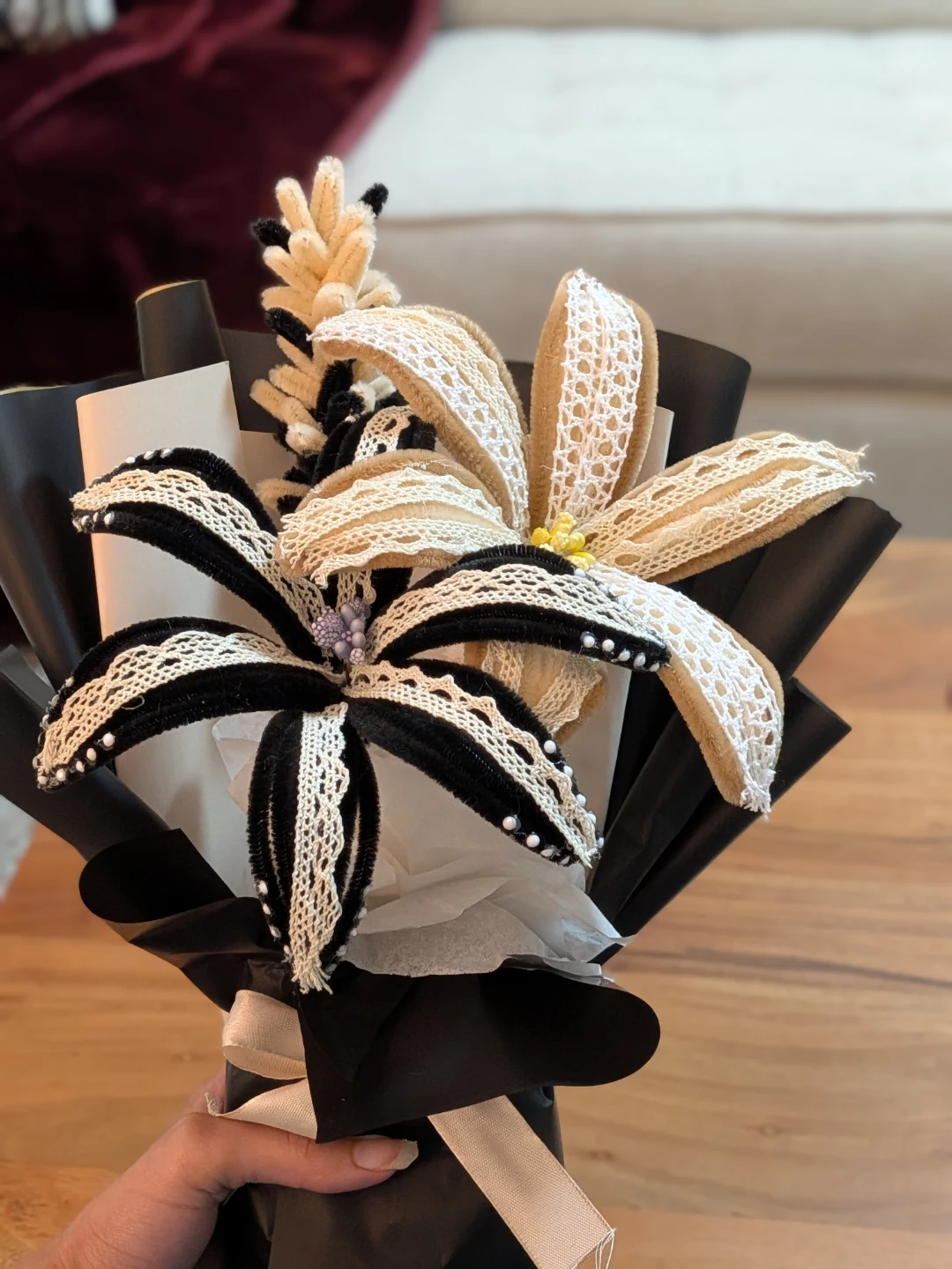 Nush Black and Tan handmade embroidery pipe cleaner bouquet