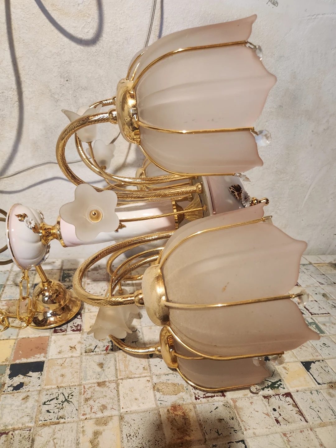 Chandelier with pink glass floral shades and gold accents - photo 3