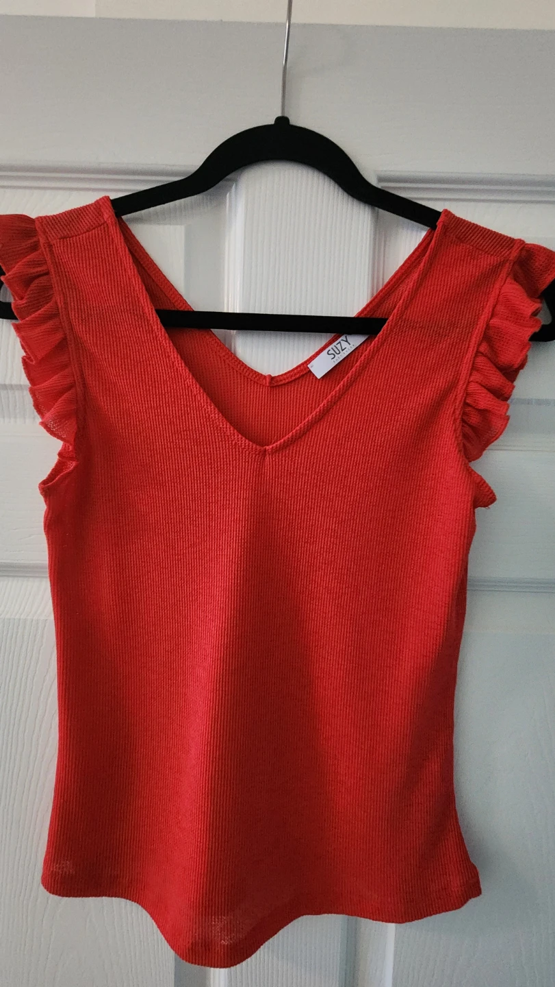 Red Ribbed Ruffle Sleeve V-Neck Top