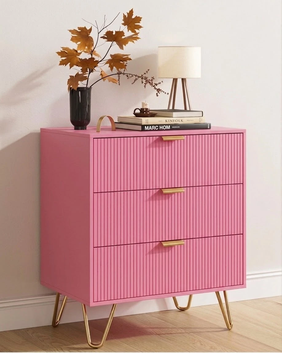 Pink 3-Drawer Nightstand with Gold Legs