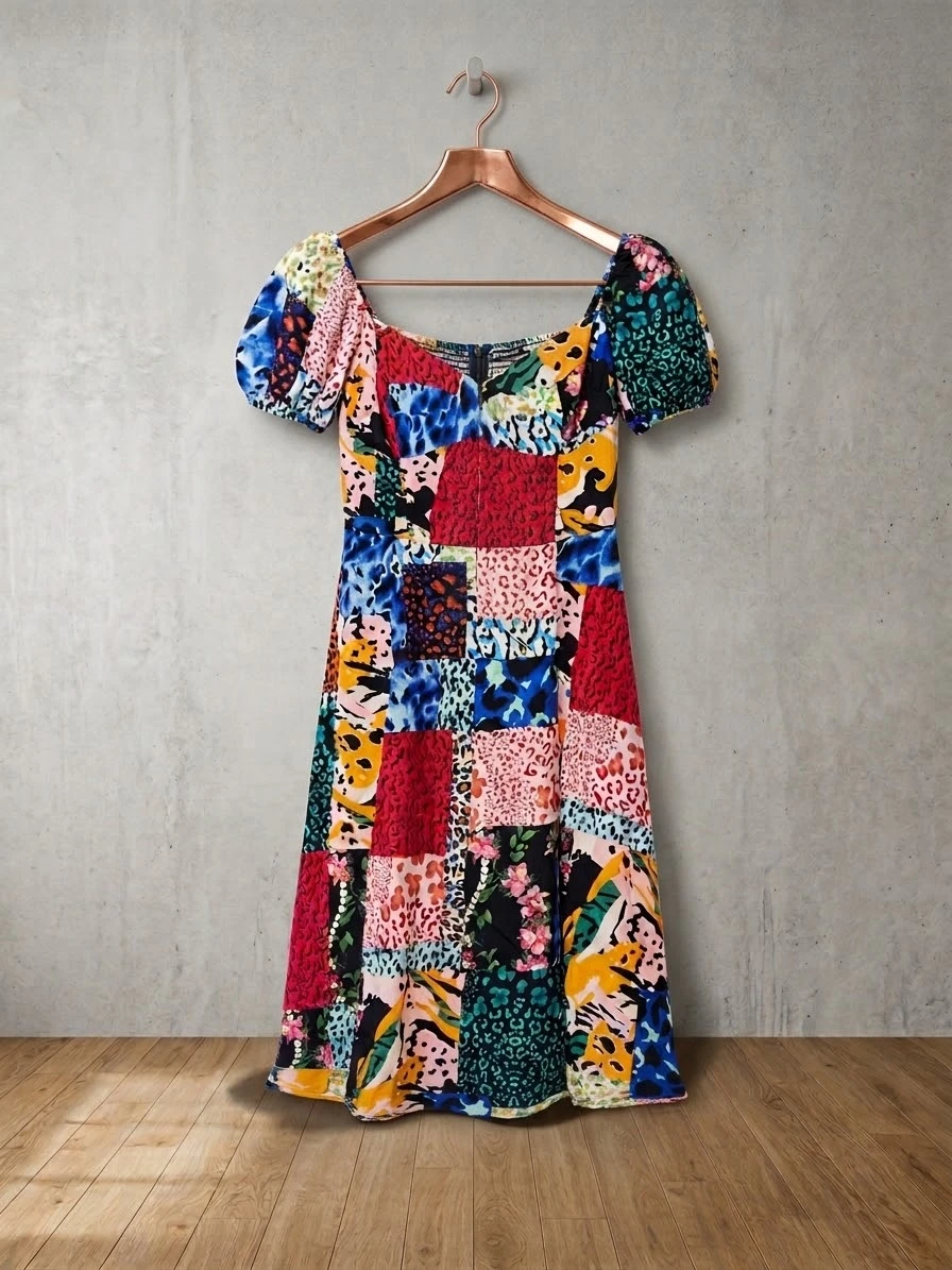 Patchwork Puff Sleeve Midi Dress - photo 2