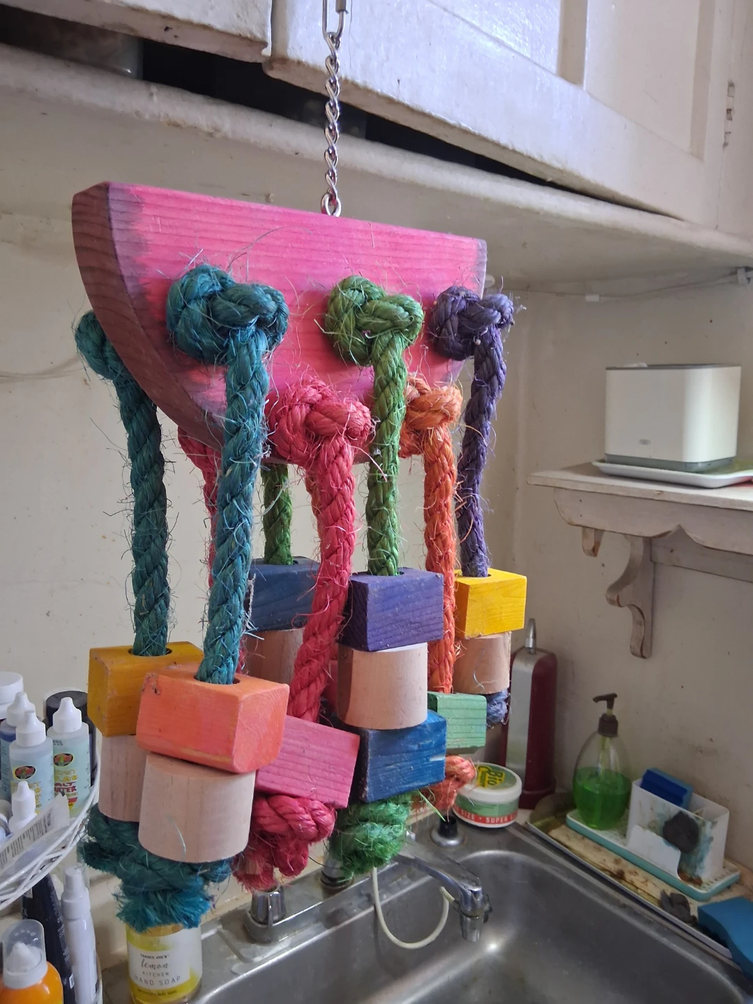 Colorful Bird Toy with Rope and Wood Blocks