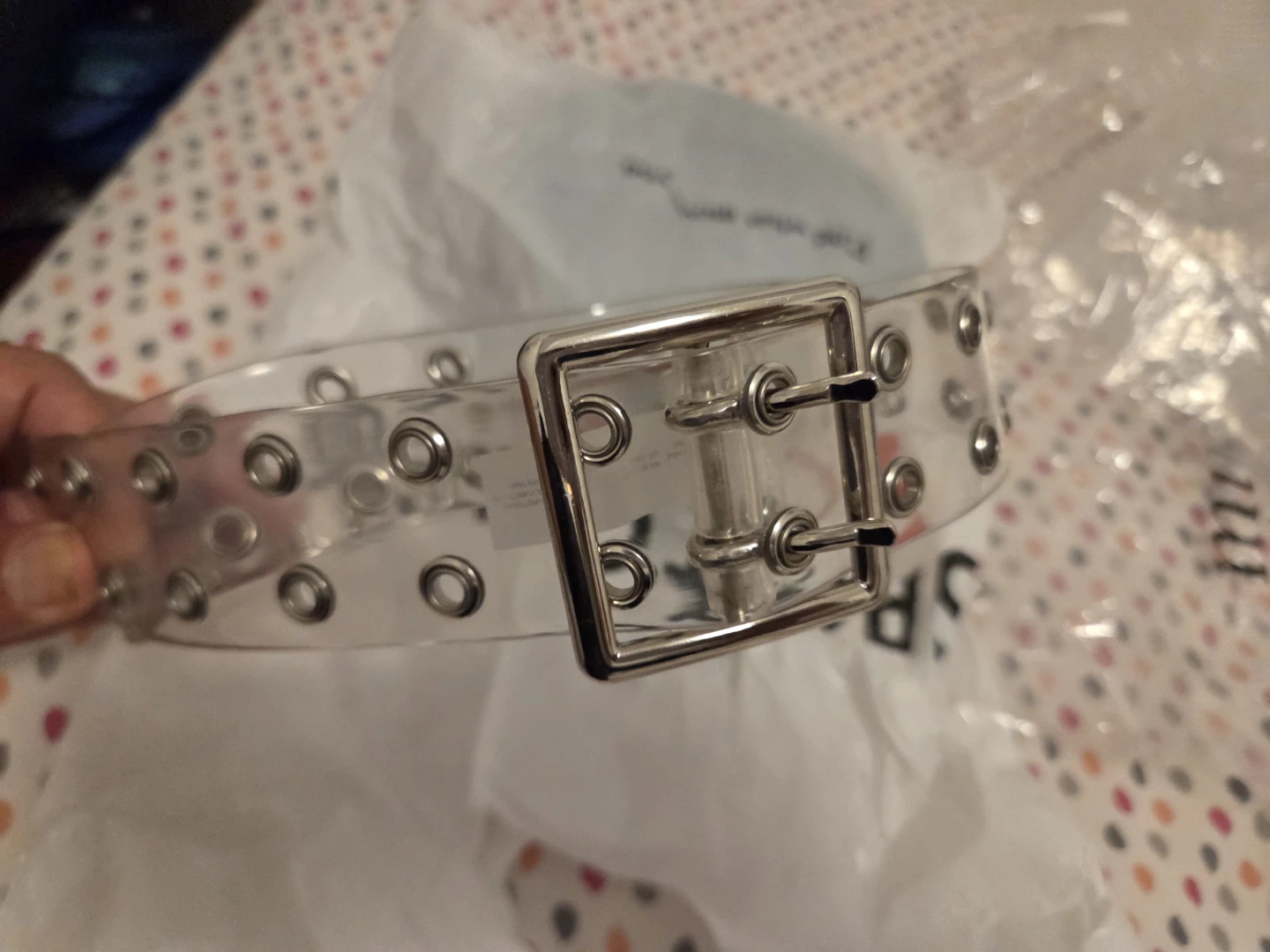 Clear Grommet Belt with Silver Buckle