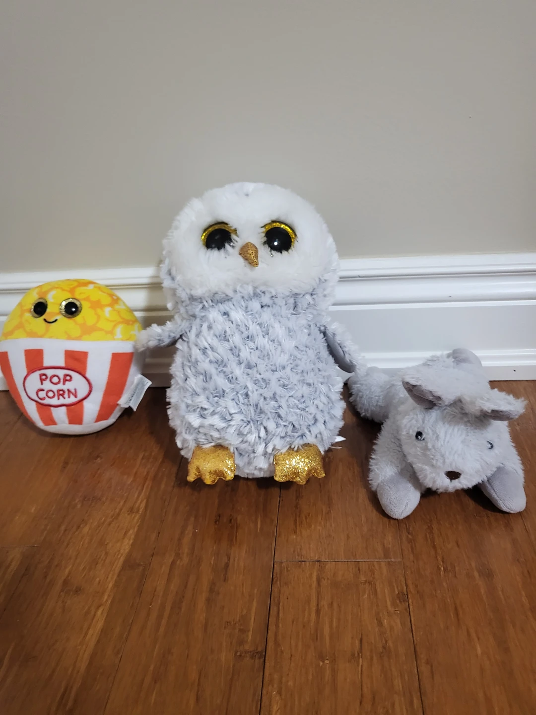 Plush Owl, Popcorn, and a grey bunny