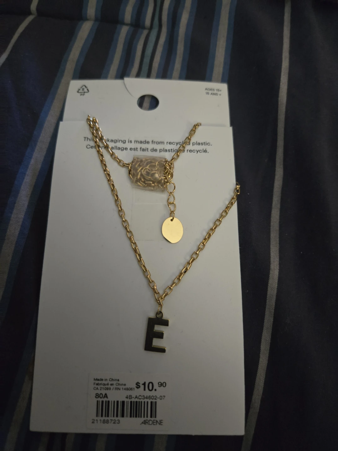 Ardene Gold Tone "E" Pendant Necklace