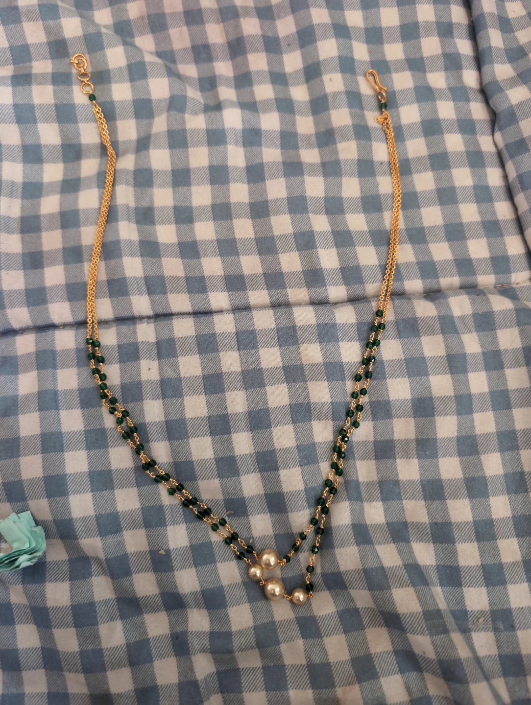 Gold Chain Necklace with Green Beads and Pearls