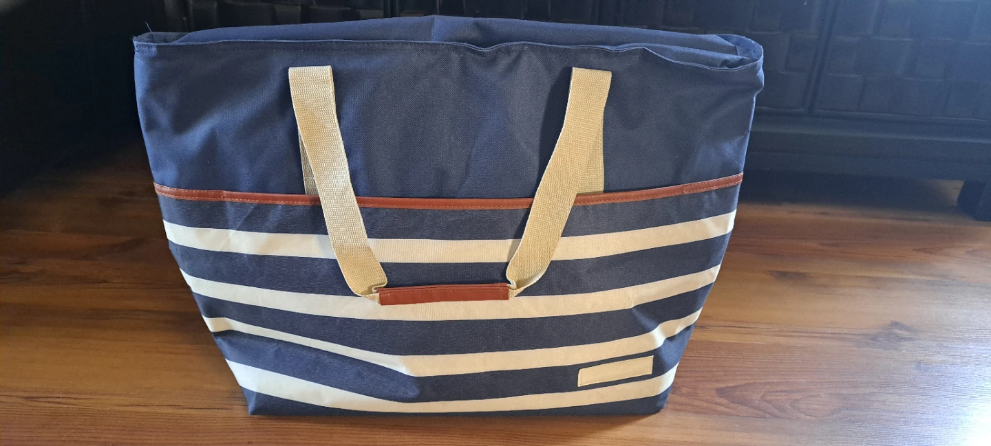 Blue and White Striped Insulated Tote Bag