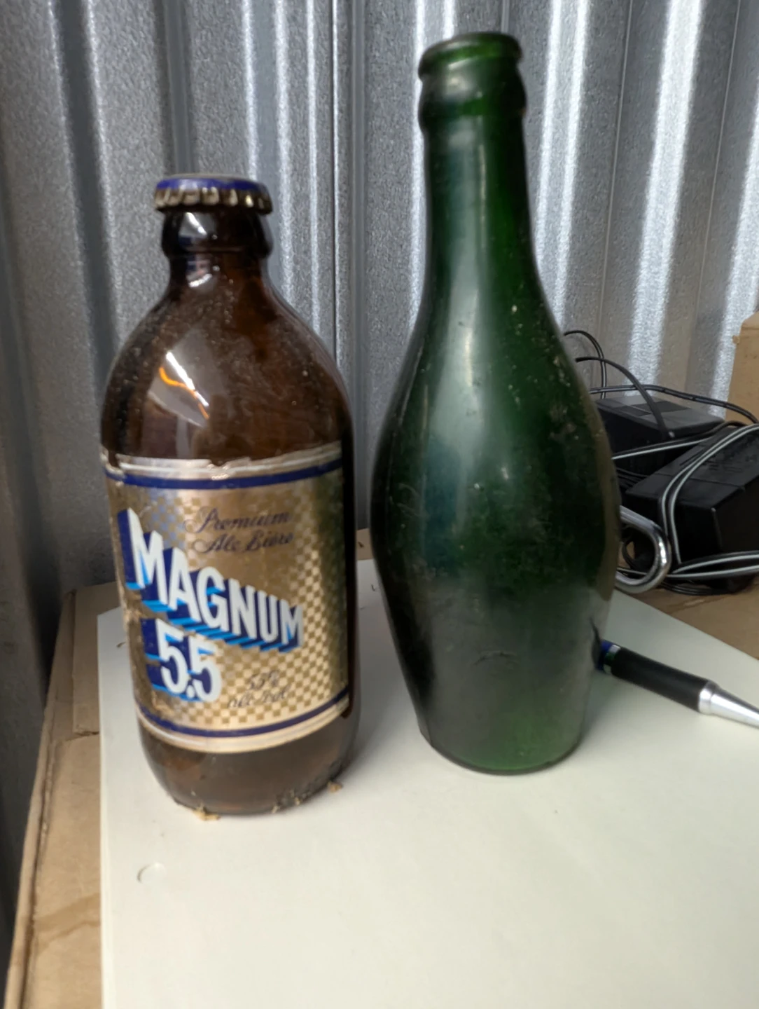 Magnum 55 Beer Bottle plus Glysmic bowling pin medicine bottle.