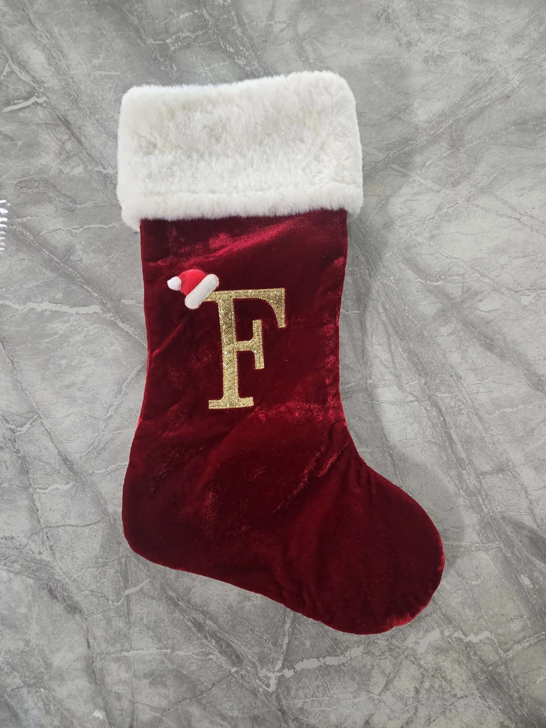 Red Velvet Christmas Stocking with 'F' Monogram