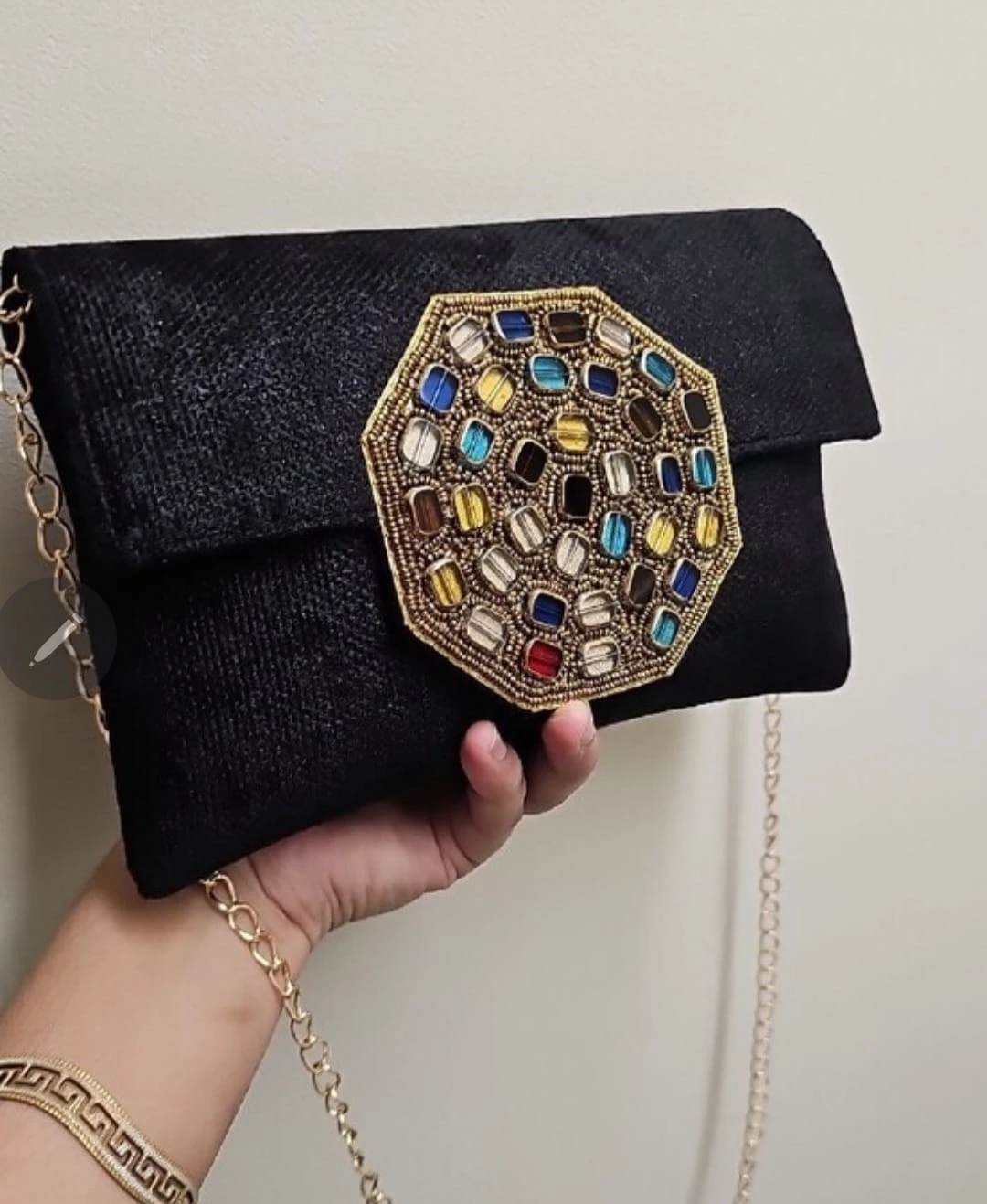 Black Clutch with Embellished Medallion