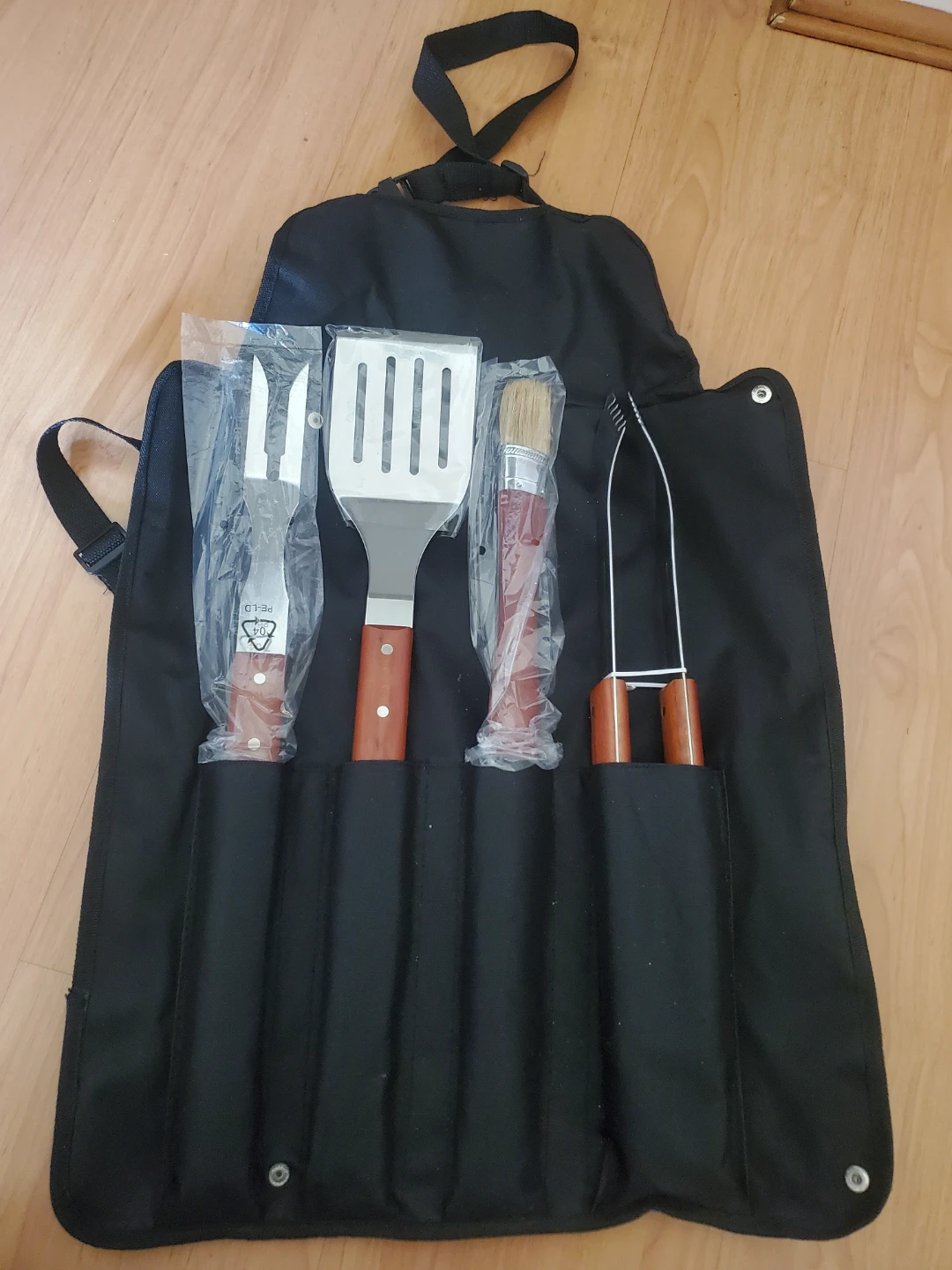 4-Piece BBQ Grill Tool Set with Wooden Handles