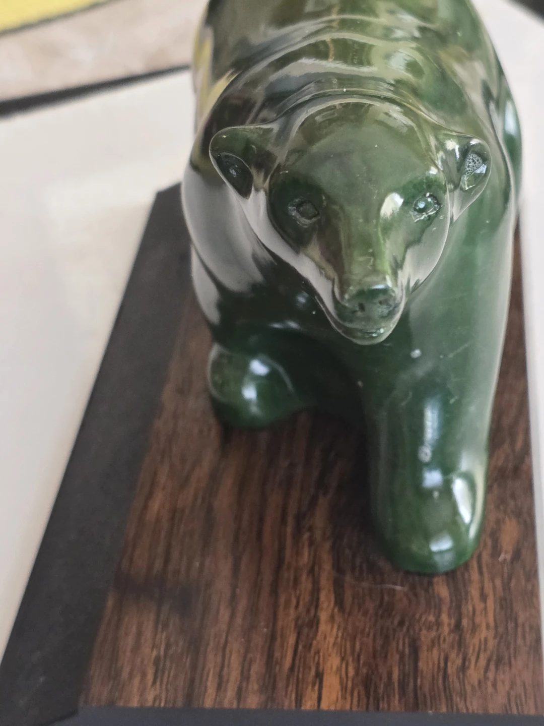 Green Jade Bear Figurine on Wooden Base - photo 4