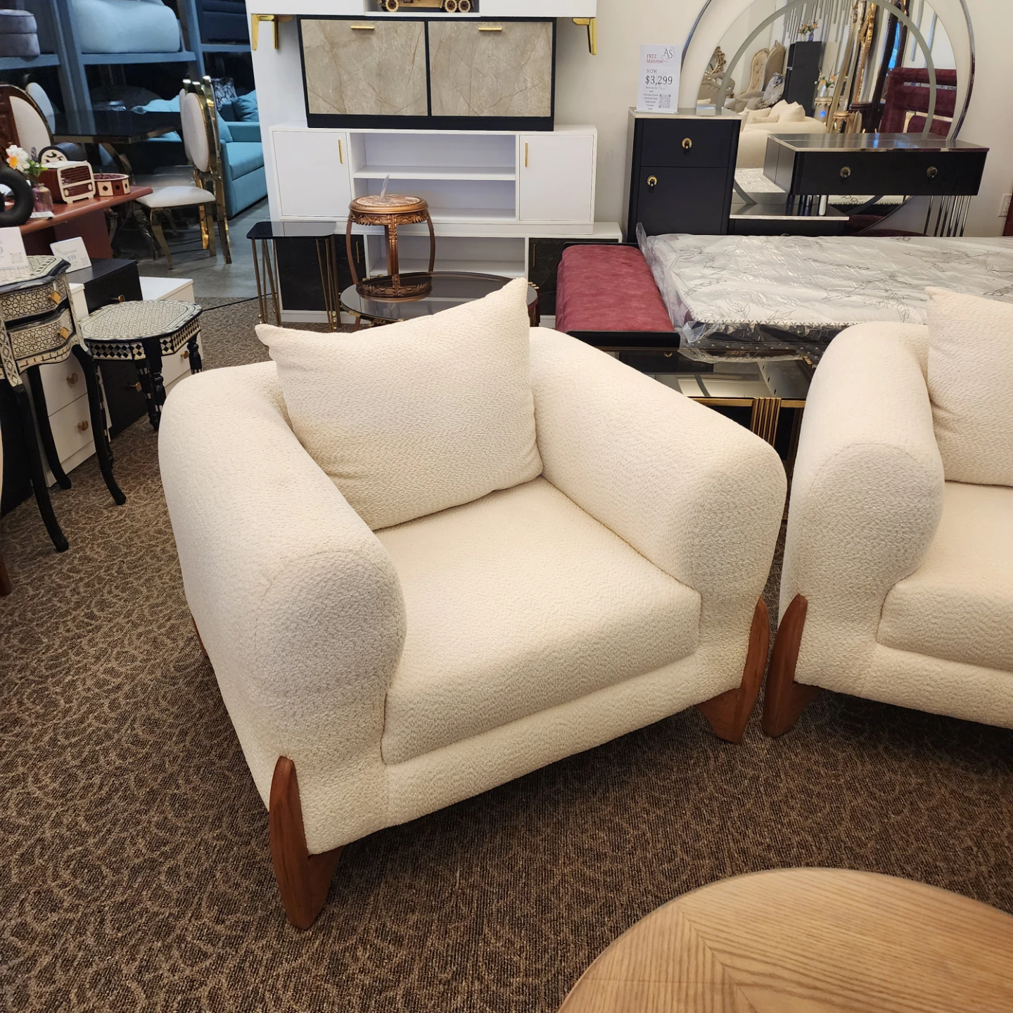 Cream Bouclé Sofa set with Wooden Legs - photo 2