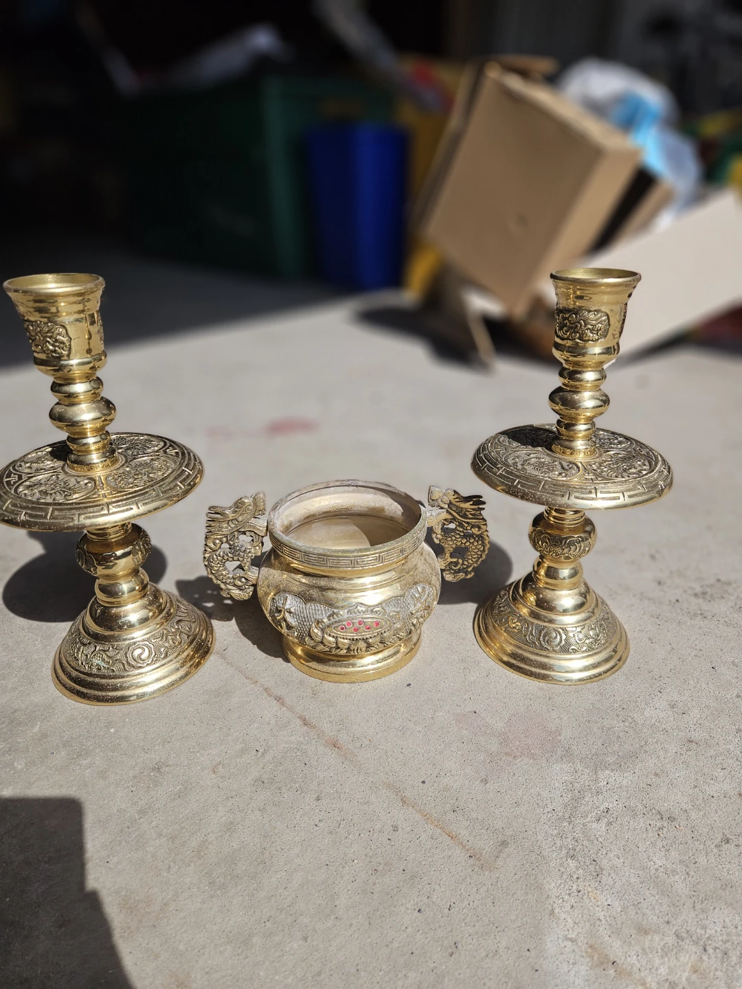 Antique Brass Candlesticks and Incense Burner Set