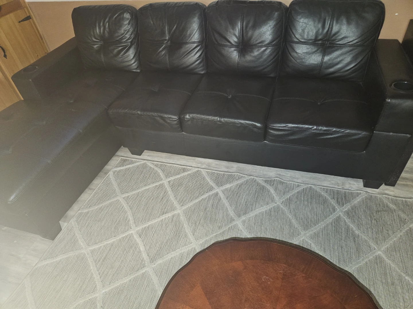 Black Faux Leather Sectional Sofa with Cup Holders - photo 3
