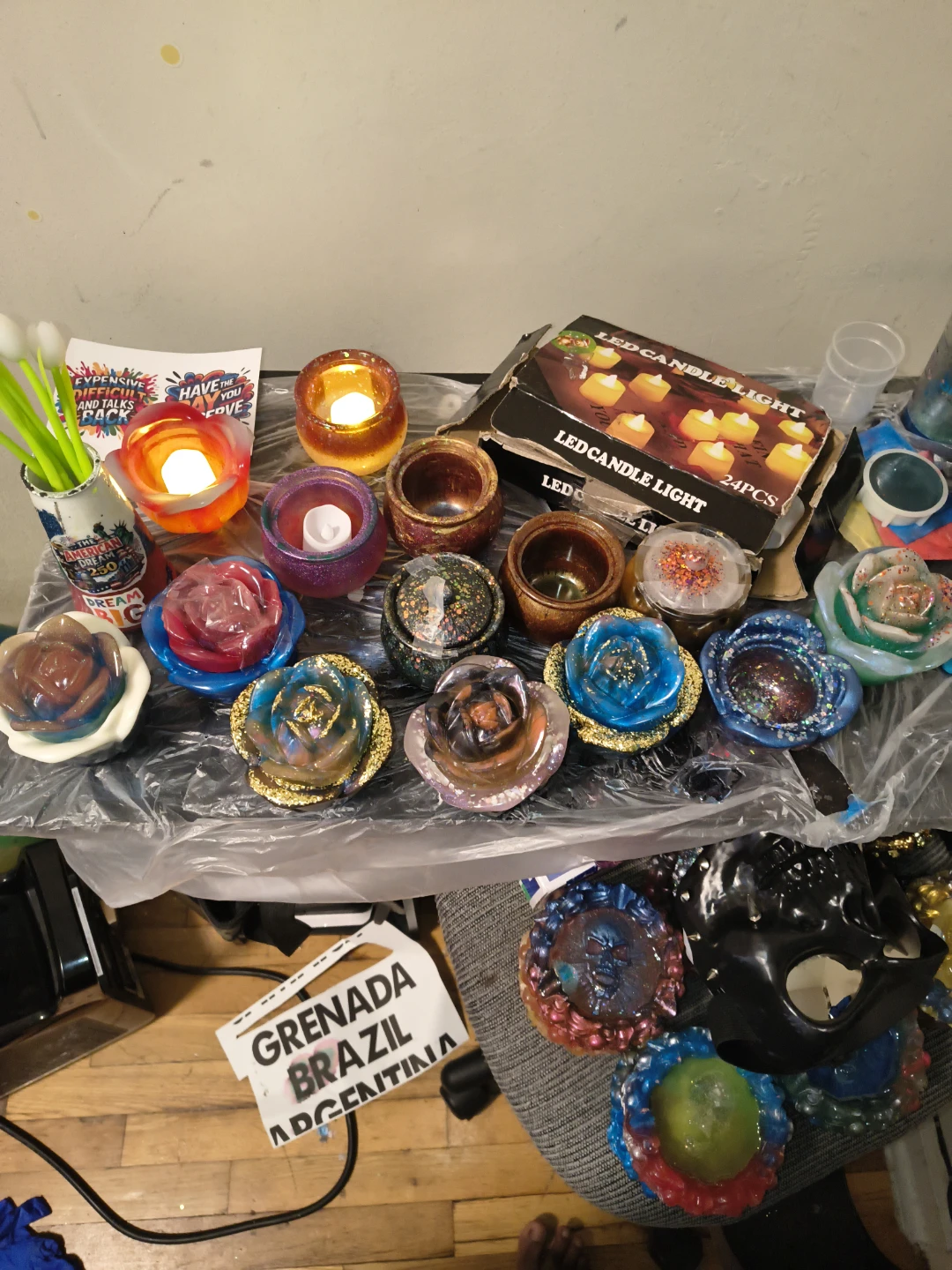 LED Candle Lights & Rose Shaped Tealight Holders Set