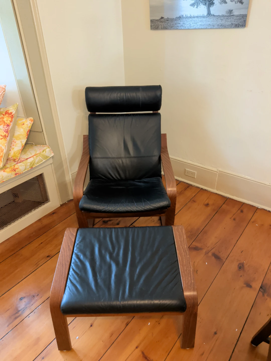 Black Leather Lounge Chair and Ottoman Set